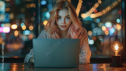 Businesswoman working late at office desk with laptop