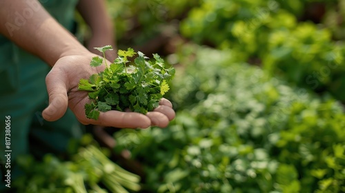 Handful of freshly picked coriander leaves held by a gardener, with a garden bed full of herbs in the background realistic