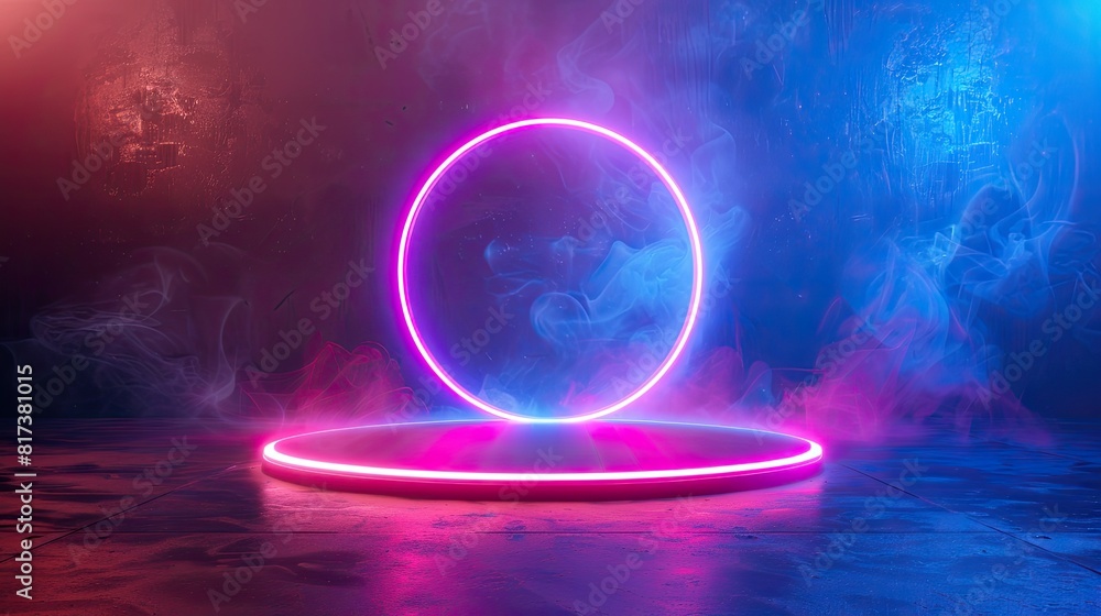 A neon colored circle is lit up in a dark room A neon colored circle is lit up in a dark room
