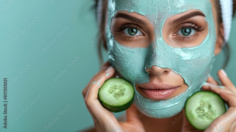 Close up beautiful young woman with facial mask on her face holding slices of cucumber. Copy space Close up beautiful young woman with facial mask on her face holding slices of cucumber. Copy space