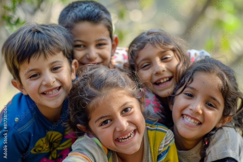 Group of happy children smiling in the park. Selective focus. Group of happy children smiling in the park. Selective focus.