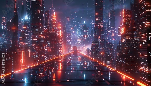 A dark and rainy cityscape with red neon lights reflecting off the wet pavement. The city is full of tall buildings and skyscrapers  and the rain is falling heavily. There is a feeling of mystery and