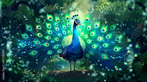 Peacock unfurls vibrant tail feathers in display. Anime or digital painting style, looping 4k video animation background
