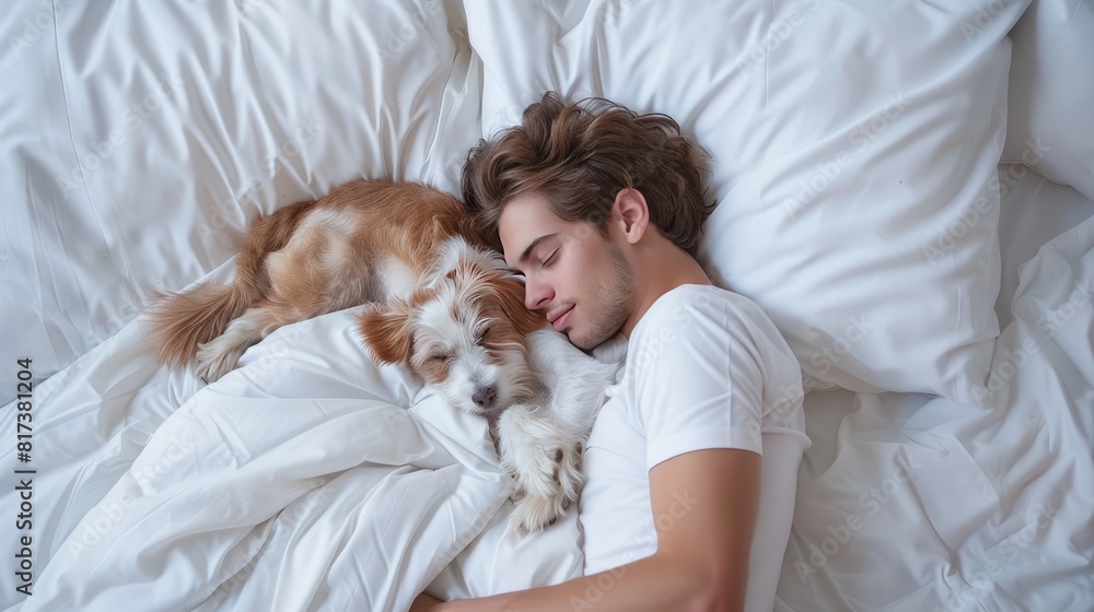 Young man and dog sleeping together in white bed at home Young man and dog sleeping together in white bed at home