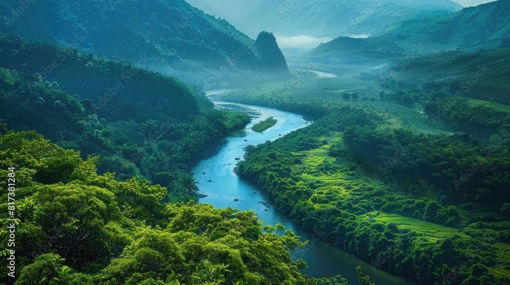 A winding river meandering through a lush valley, its banks teeming with life and vibrant foliage, a haven for wildlife and nature enthusiasts.