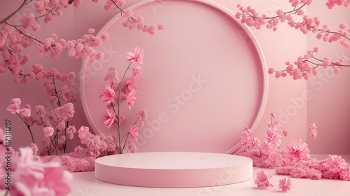 3d soft pink circular platform adorned with delicate cherry blossoms. It creates an elegant backdrop for highlighting any product placed upon it. The monochromatic pink palette and floral elements