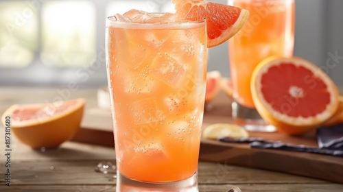 A zesty grapefruit soda, with tangy grapefruit juice, fizzy soda water, and a hint of sweetness, served over ice in a tall glass with a slice of fresh grapefruit for garnish. photo
