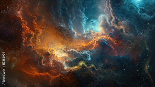 An awe-inspiring depiction of a galaxy collision, with swirling clouds of gas and dust creating a mesmerizing display of cosmic chaos.