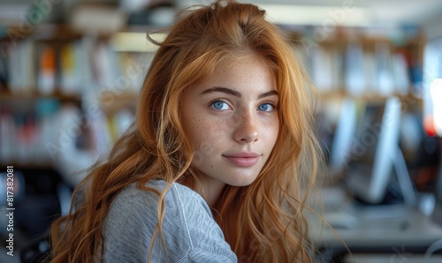 A young woman is sitting at...