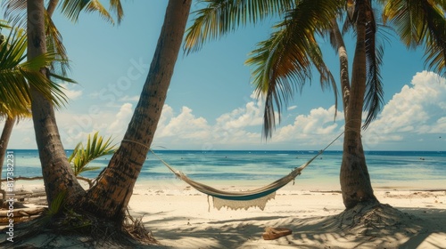 A hammock is swaying between two tall palm trees on a sandy beach  overlooking the crystalclear water and blue sky. The natural landscape is serene and perfect for relaxation AIG50