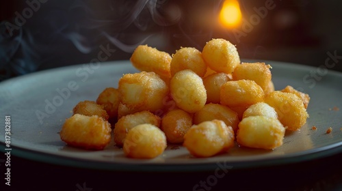 A plate of fried potatoes with smoke coming out of it. photo