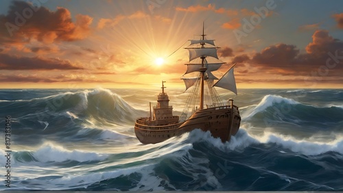 Sunset Serenity: Ship, Sun, and Cloudy Horizon photo
