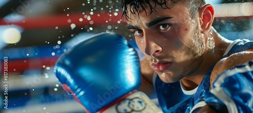 Intense focus  boxer s determined gaze at target in summer olympic games concept photo
