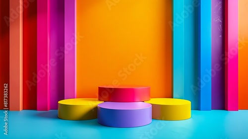 A colorful wall with three stacked cylinders.