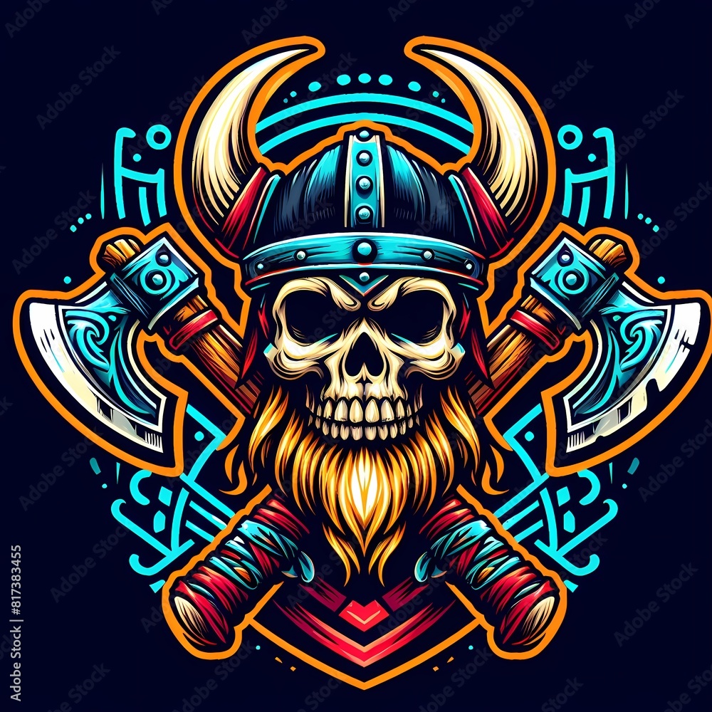 Skull Wearing Viking Helmet with Crossed Axes and Bold, Colorful Design