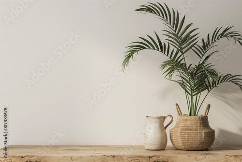 Interior wall mockup with wooden table jug and green home plants in basket standing on empty white background. 3D rendering illustration.