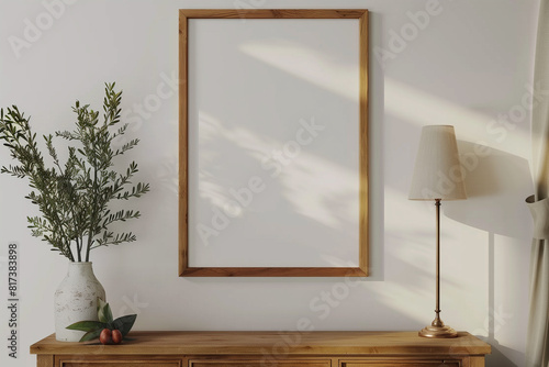 Horizontal wooden frame mockup in traditional living room interior with classic chest of drawers brass lamp and olive twigs in vase on white wall background. Illustration 3d rendering