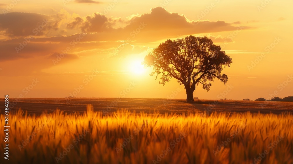 Golden sunset over a wheat field with a lone tree
