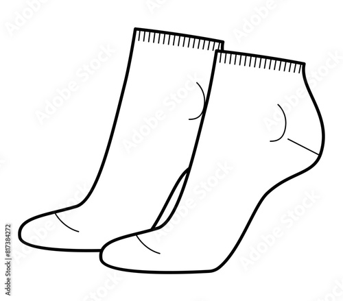 Sneaker Socks women shape Technical drawing silhouette. Fashion accessory clothing technical illustration stocking. Vector side view style, flat template CAD mockup sketch outline isolated on white