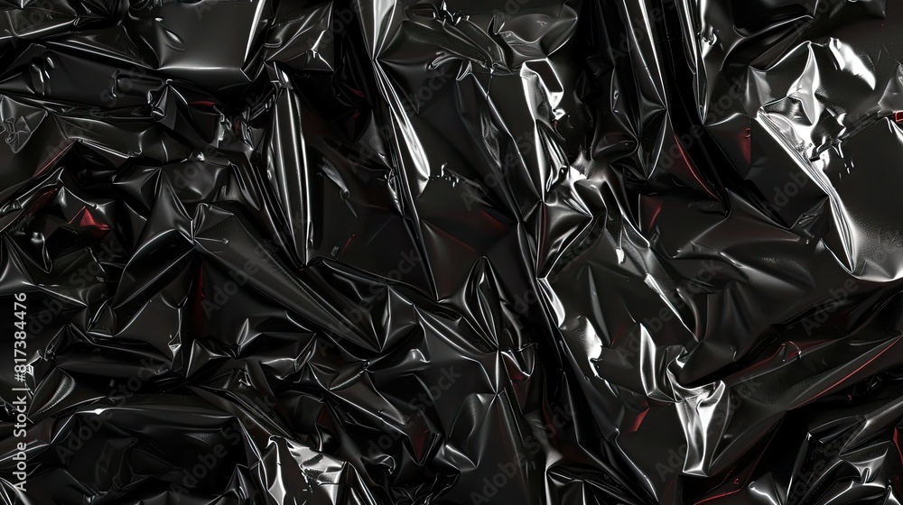 A black plastic bag with a red stripe. The bag is wrinkled and has a shiny surface A black plastic bag with a red stripe. The bag is wrinkled and has a shiny surface