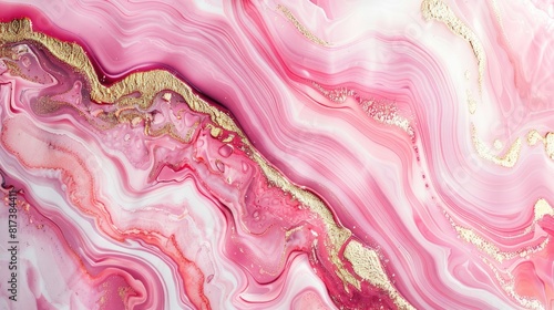 A pink and white marble wall with gold accents. The wall is textured and has a wave-like pattern