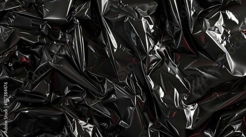 A black plastic bag with a red stripe. The bag is wrinkled and has a shiny surface