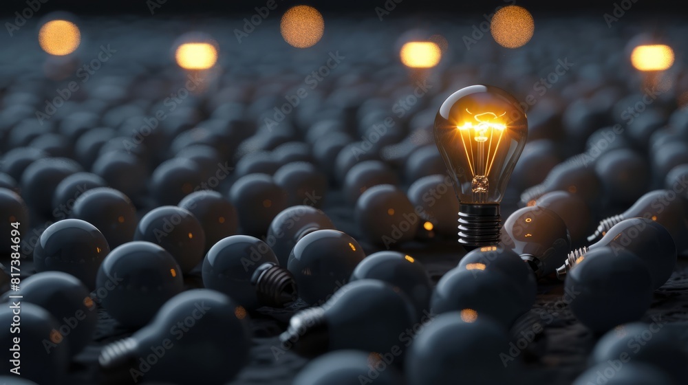 Obraz premium One of Lightbulb glowing among shutdown light bulb in dark area with copy space for creative thinking , problem solving solution and outstanding concept