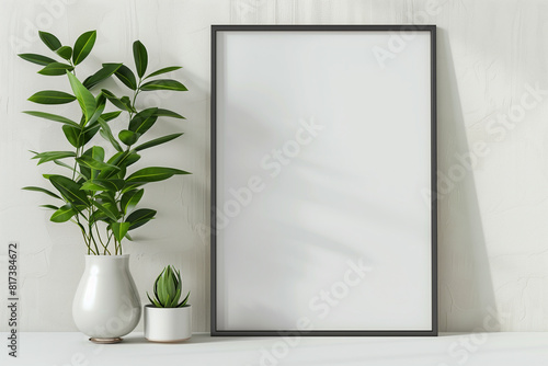 Interior poster mock up with square metal frame and plants in vase on white wall background. 3D rendering. © Lucas