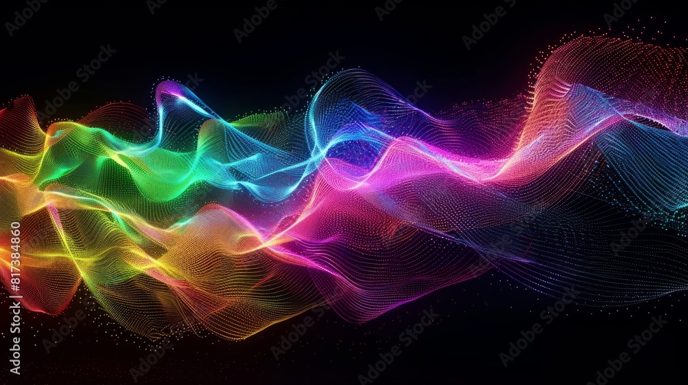 Fototapeta premium partical waves, rainbow colors, glowing, black background, perspecitve view, heart rate pulse