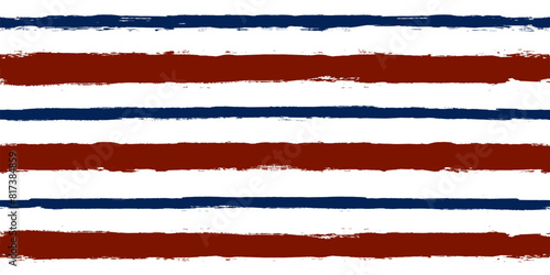 Stripes seamless pattern, red and blue patriotic striped vector background, american watercolor brush strokes. USA colors grunge stripes