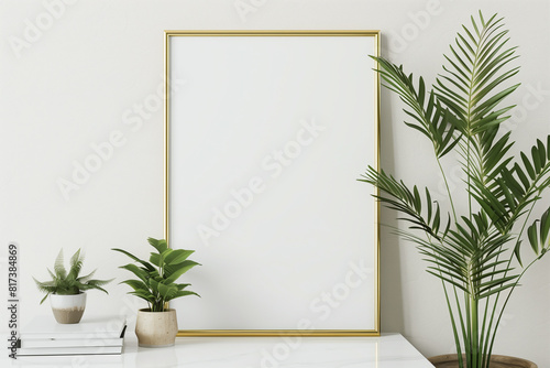 Interior poster mockup with horizontal gold metal frame standing on the table with plants in pots and pile of books on empty white wall background. 3D rendering illustration.