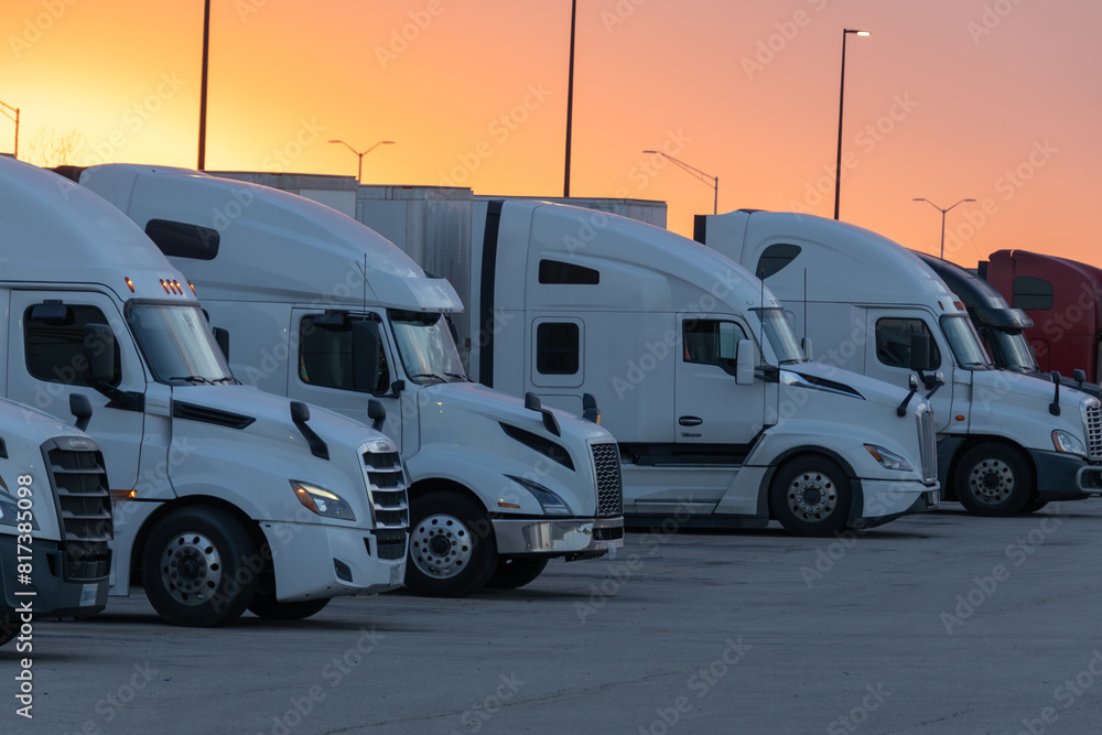 Fleet of trucks parked at dusk with the sunset painting the sky, symbolizing rest after long hauls.