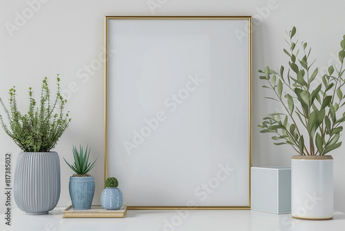 Interior poster mockup with square gold metal frame on pile of books green tree branch in vase and desk lamp on empty white wall background.  3D rendering illustration. photo