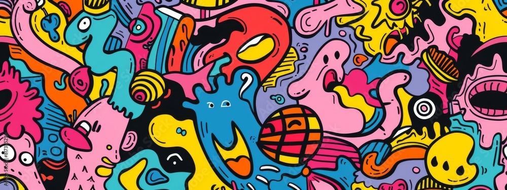 Fototapeta premium A playful, cartoonish background with doodles and sketches in bright colors.