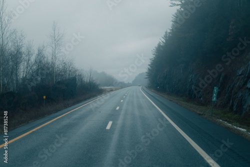 An empty road stretches into a foggy landscape, framed by dense forests on a misty morning.