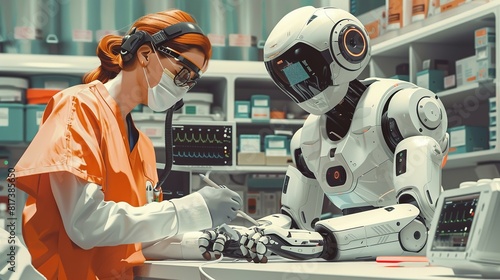 Working together, Robot assisting a nurse in a healthcare setting, checking patient vitals. surrealistic Illustration image,