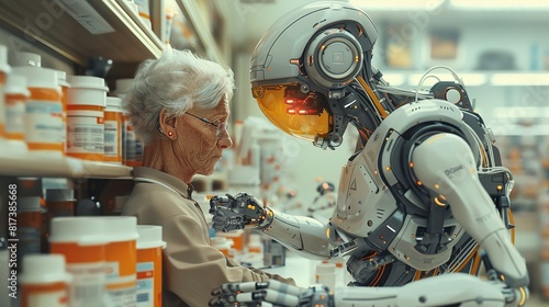 Working together, Robot assisting an elderly person with daily tasks like fetching medication. surrealistic Illustration image,