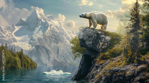 A polar bear standing on a shrinking ice cap  contrasted with lush green forests and thriving wildlife on the other side.