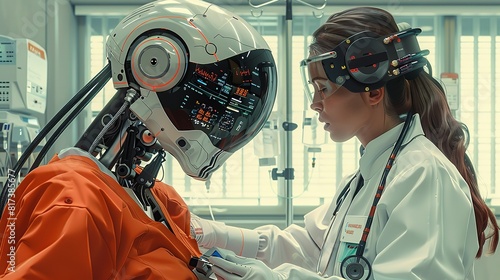 Working together, Robot assisting a nurse in a healthcare setting, checking patient vitals. surrealistic Illustration image,