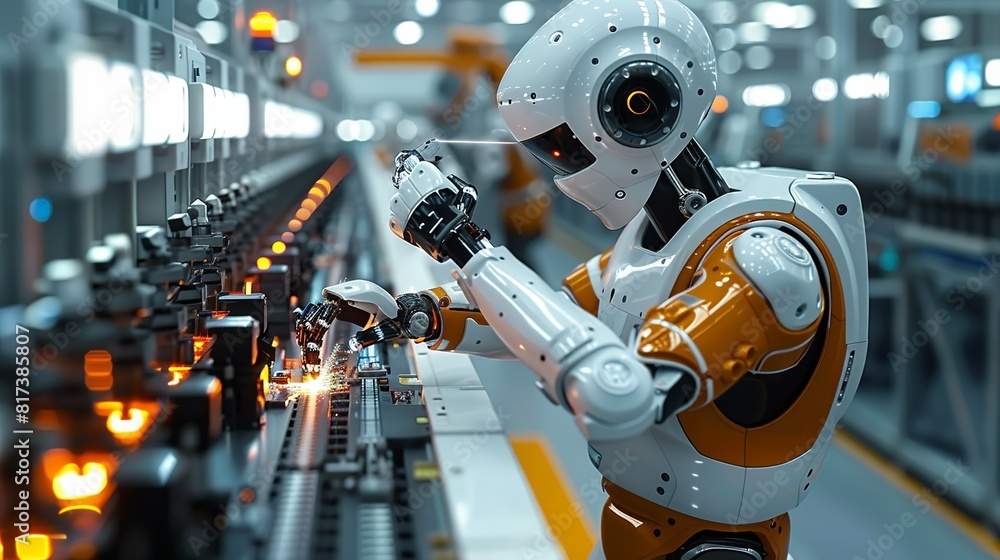 Fototapeta premium Working together, Robot helping a technician, repairing and maintaining machinery. surrealistic Illustration image,