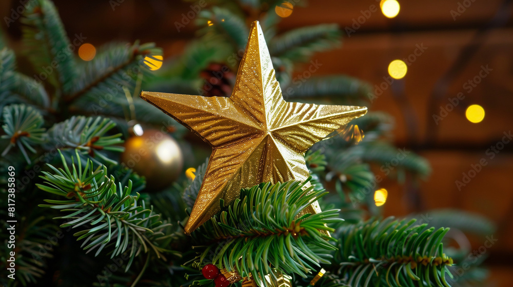 A golden star, part of a Christmas tree topper, sits proudly atop a beautifully decorated Christmas tree, adding a touch of elegance and festivity to the holiday decor A golden star, part of a Christmas tree topper, sits proudly atop a beautifully decorated Christmas tree, adding a touch of elegance and festivity to the holiday decor