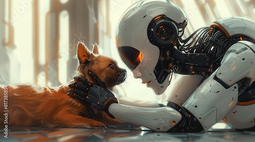 Working together, Robot playing with a pet, entertaining and taking care of an animal. surrealistic Illustration image,