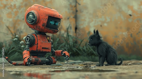 Working together, Robot playing with a pet, entertaining and taking care of an animal. surrealistic Illustration image,