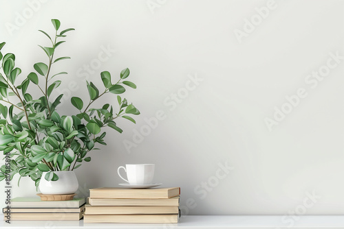 Interior wall mockup with green plant in pot and pile of books with cup on empty white background with free space on center. 3D rendering illustration.