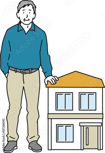 シニア男性と戸建住宅のイラスト