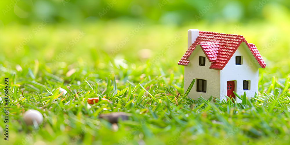 Eco house in green environment with a miniature house on grass, showcasing sustainable living and nature Eco house in green environment with a miniature house on grass, showcasing sustainable living and nature