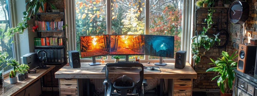 A productive home office setup with dual monitors, a standing desk, and ergonomic chair. Background featuring shelves with books and indoor plants. A productive home office setup with dual monitors, a standing desk, and ergonomic chair. Background featuring shelves with books and indoor plants.