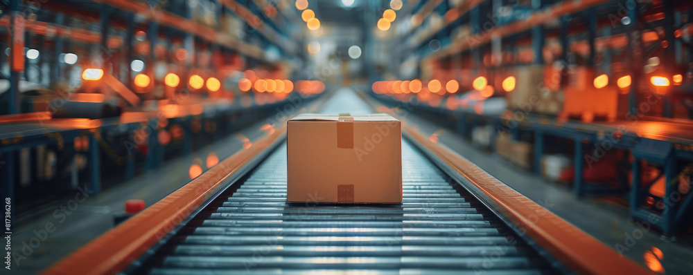 Fototapeta premium Conveyor Belt Transporting Cardboard Boxes in an E-commerce Warehouse