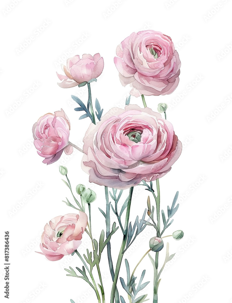 Watercolor illustration with a bouquet of ranunculus flowers, hand drawn on a white background Watercolor illustration with a bouquet of ranunculus flowers, hand drawn on a white background