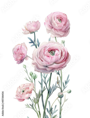 Watercolor illustration with a bouquet of ranunculus flowers, hand drawn on a white background